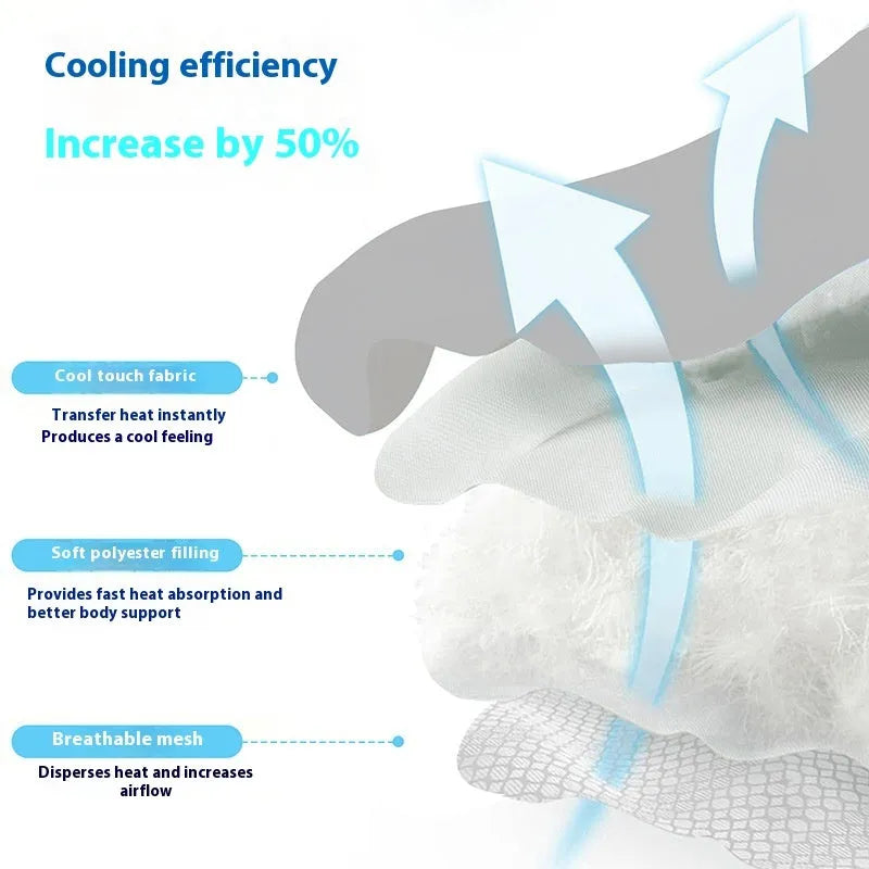 Ice silk pet cooling mat in dog head shape with non-slip base, available in multiple sizes and colours for summer relief