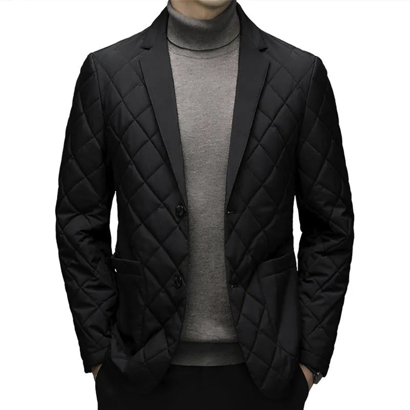 Men's thick winter down jacket with cardigan lapel in solid colour with side seam pockets