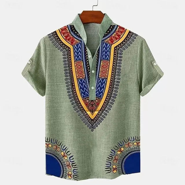 Men's loose-fit striped casual shirt with personalised buttons on a hanger