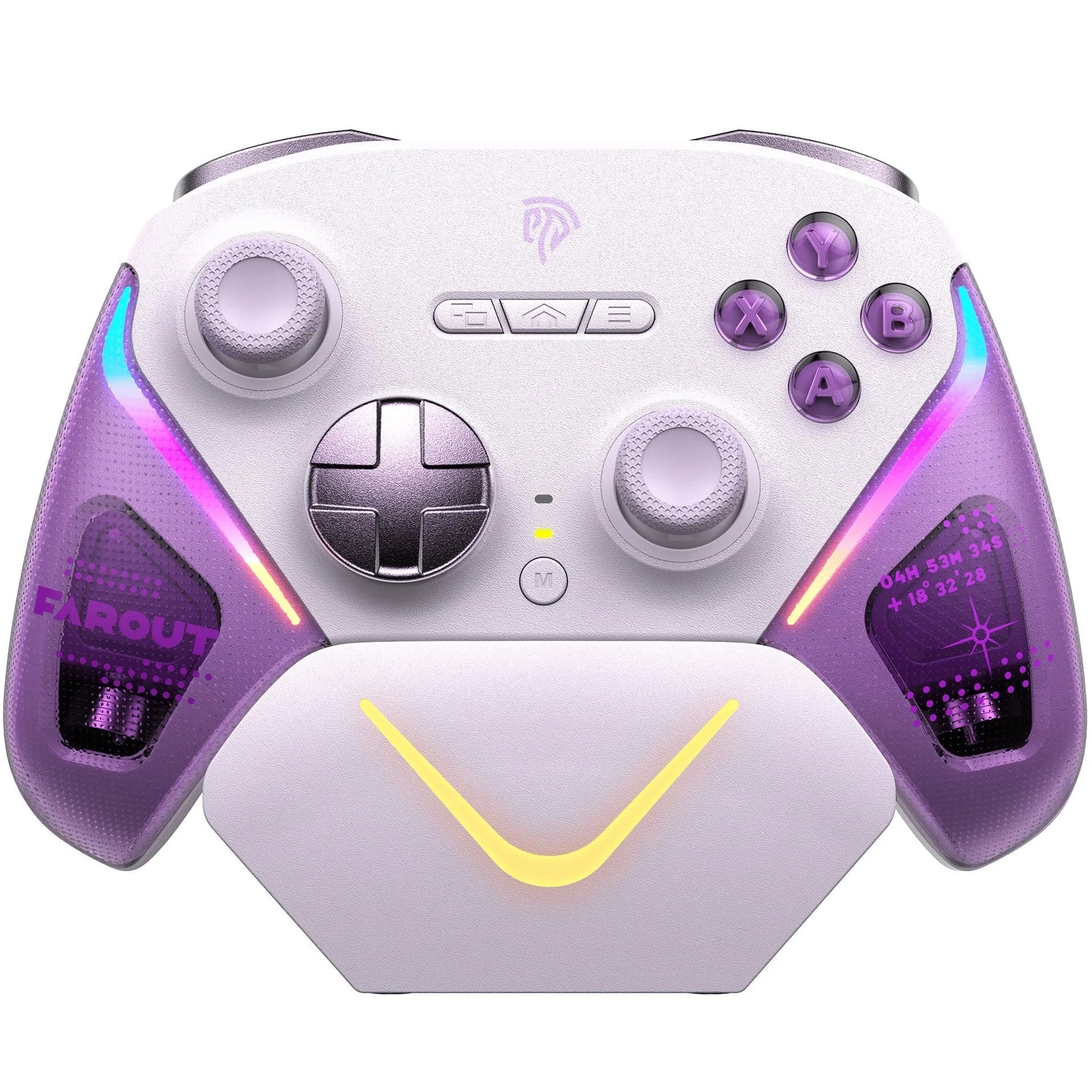 Rocker Smart gaming controller on charging base in black, green, or purple colour with Type-C port