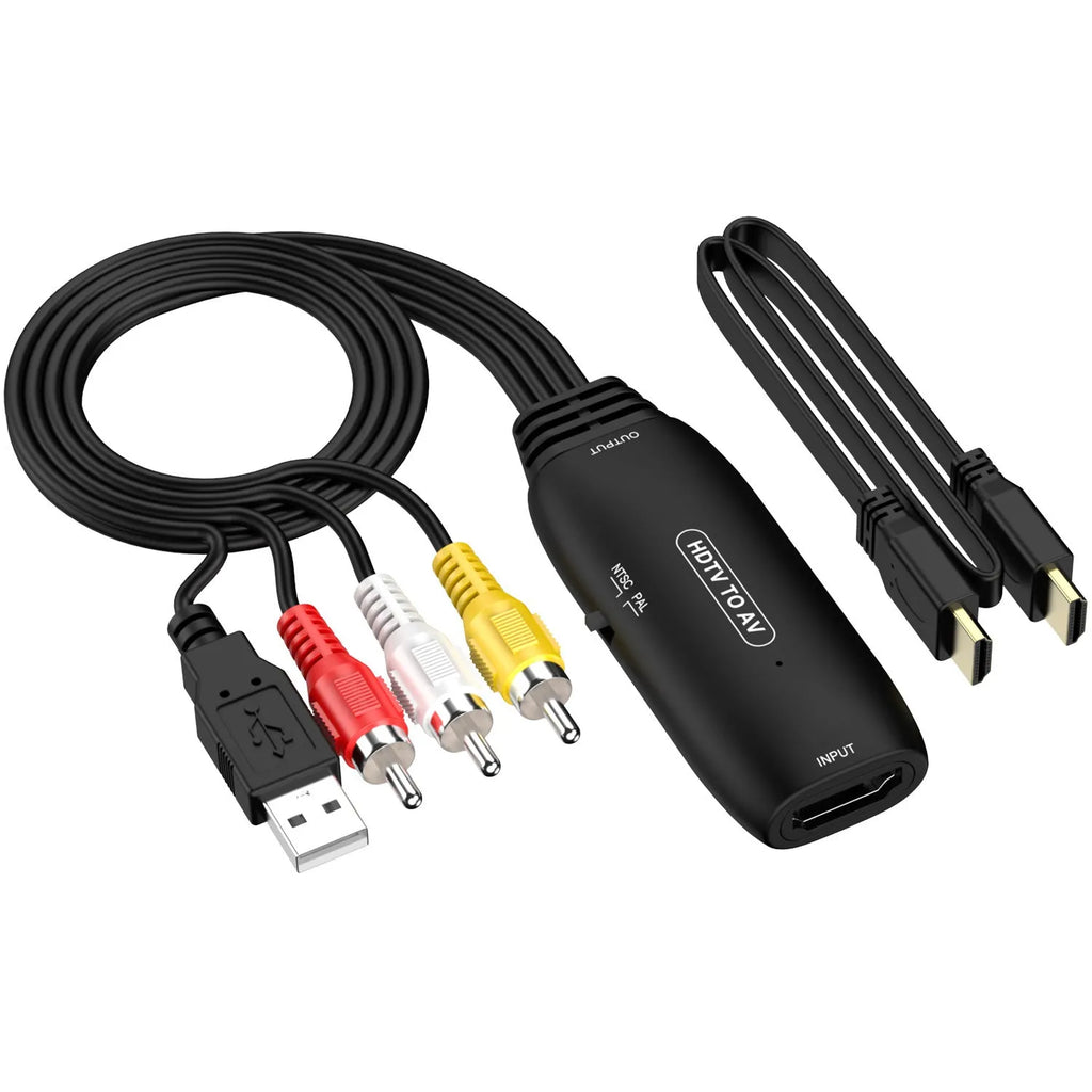 HDMI to AV converter adapter cable with 110cm length showing RCA connector and 2-terminal options