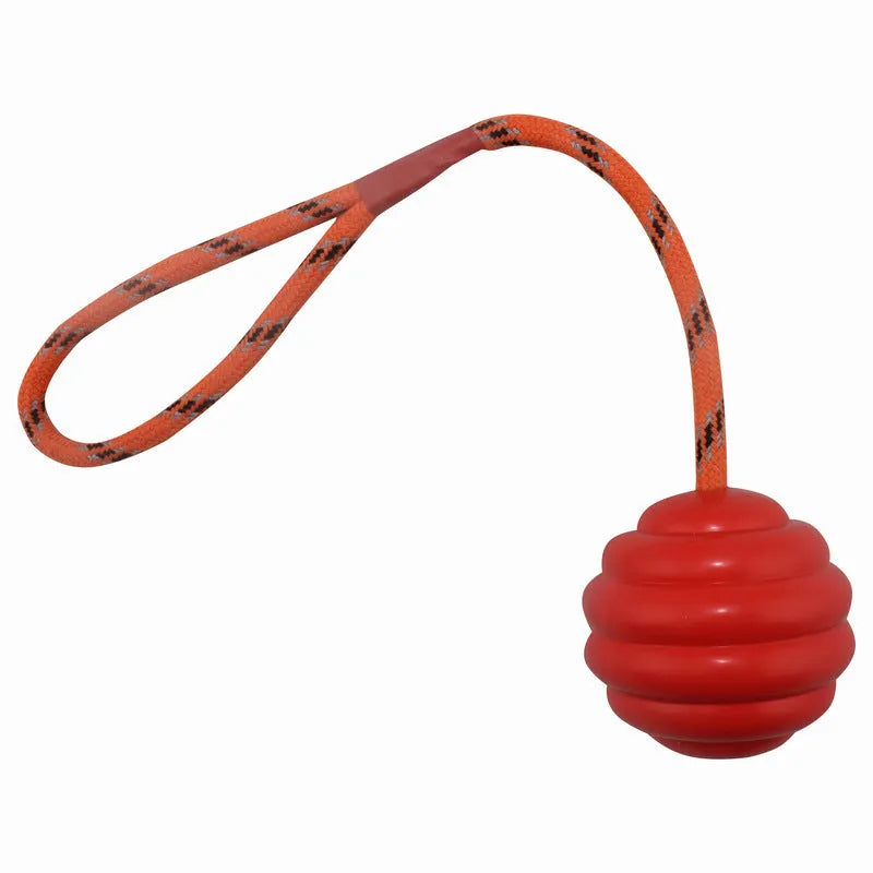 Rubber dog training ball with rope knot texture in assorted colours