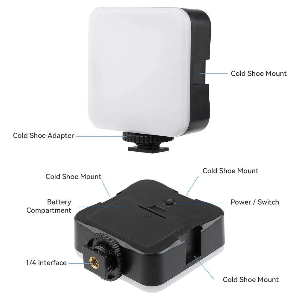 LED mini square universal camera flash on a pocket tripod, showing compact size and rotatable flash head.