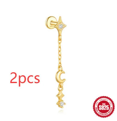 S925 sterling silver geometric moon and star earrings with embedded diamond detailing in gold tone finish