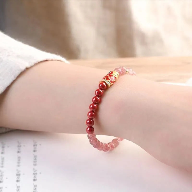 Purple cinnabar and strawberry quartz bracelet with koi and peach blossom retro design