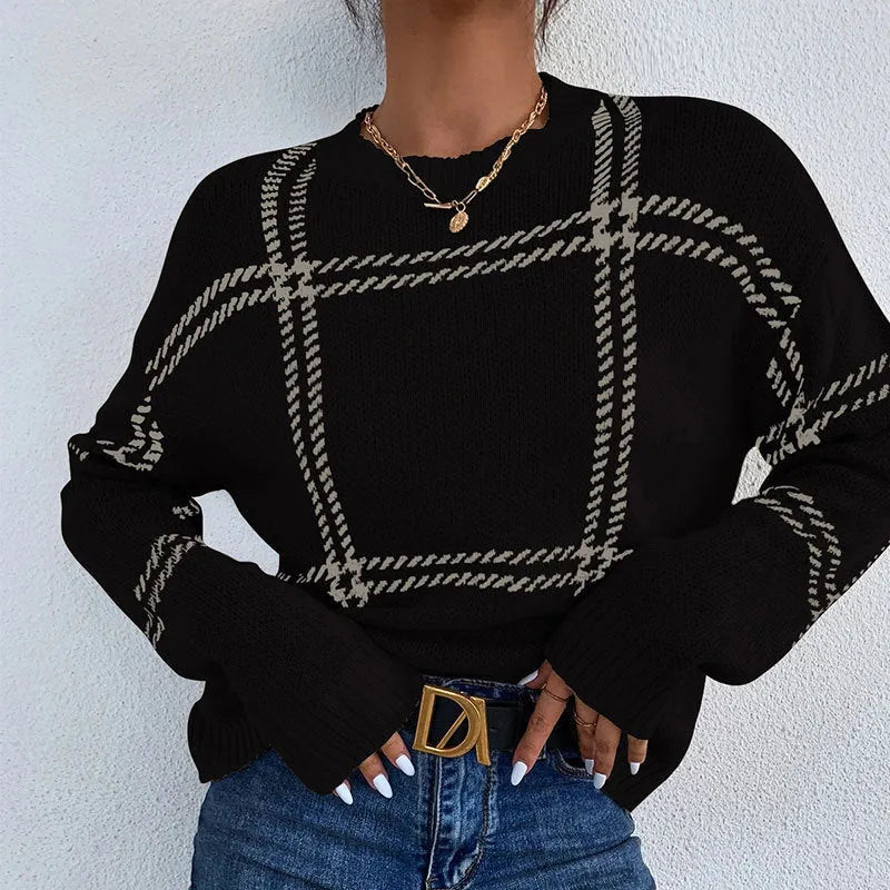 Women's loose fit plaid colour-block acrylic sweater with striped pattern in apricot, black, beige, red, and green