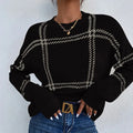 Women's loose fit plaid colour-block acrylic sweater with striped pattern in apricot, black, beige, red, and green