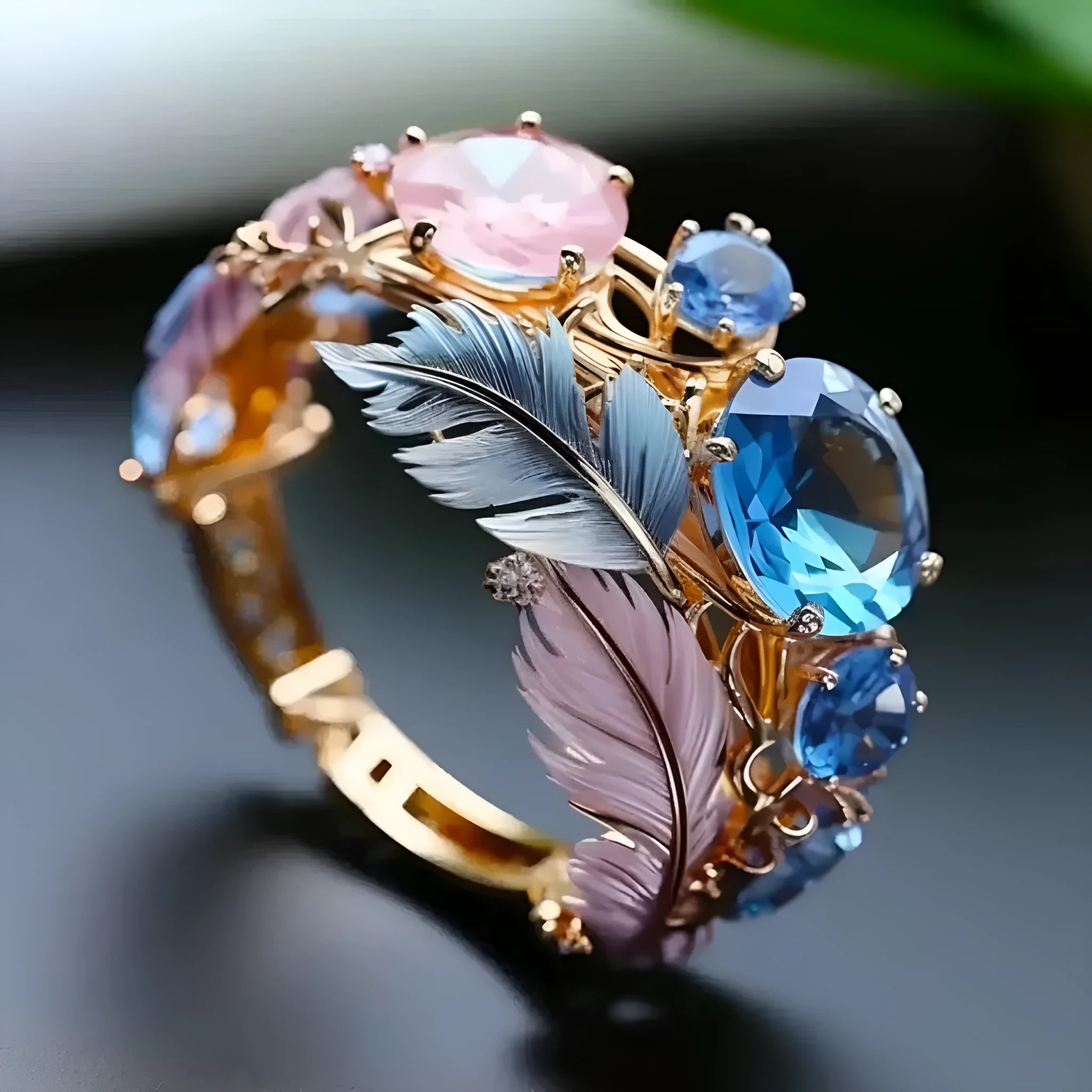 Gold brass ring with embossed feather design and zircon stones in geometric shape