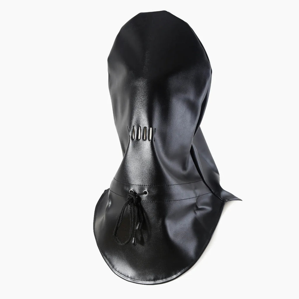 Black leather adult face mask for BDSM role-play training.