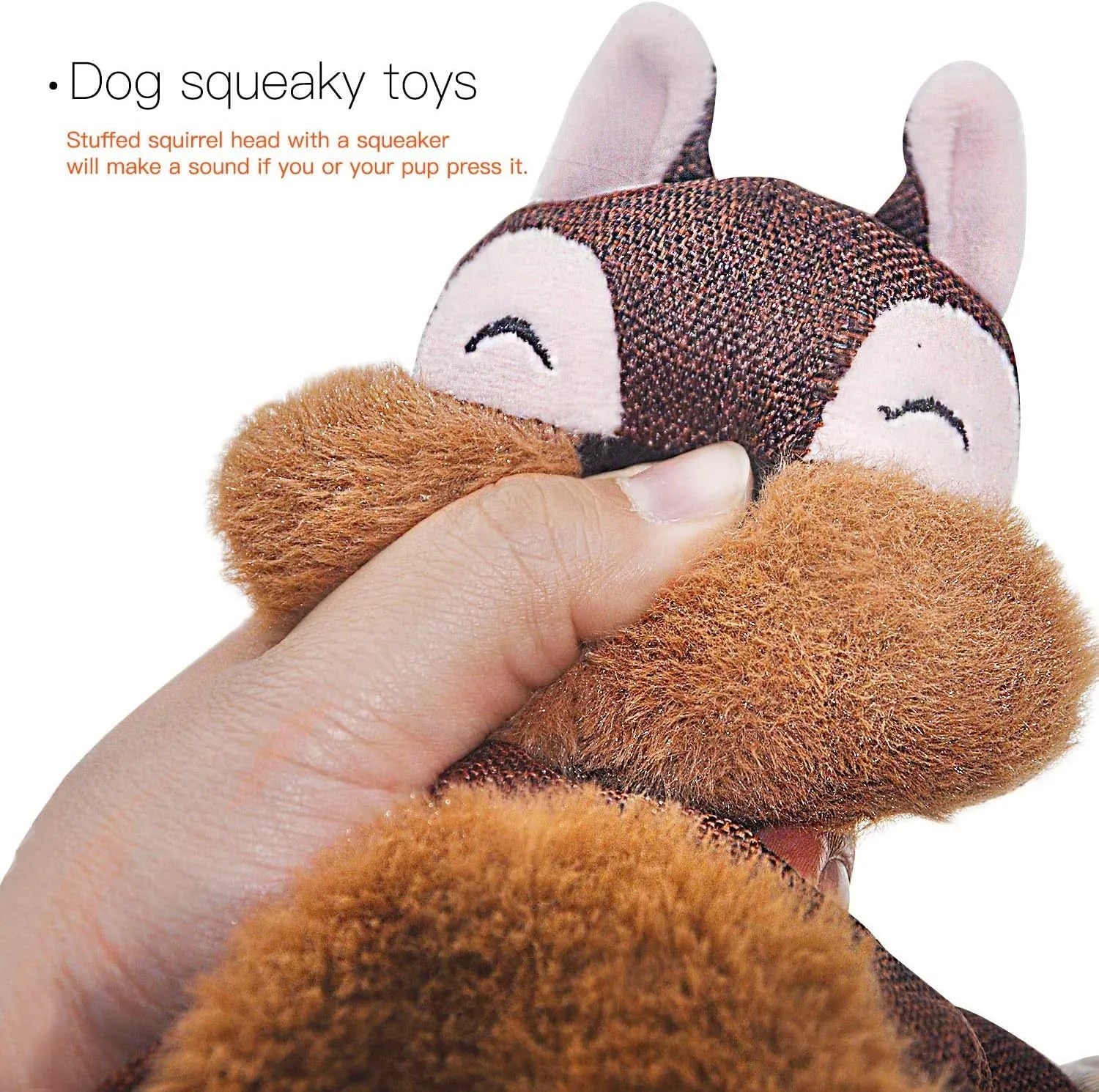 Brown fox plush dog toy with rope arms and legs, embroidered eyes, and a squeaker.