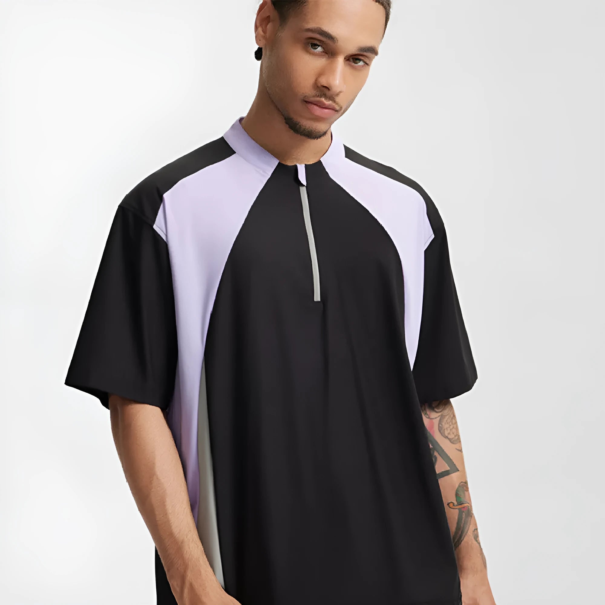 Men's black and beige stitching top with long and short sleeve options in polyester fabric