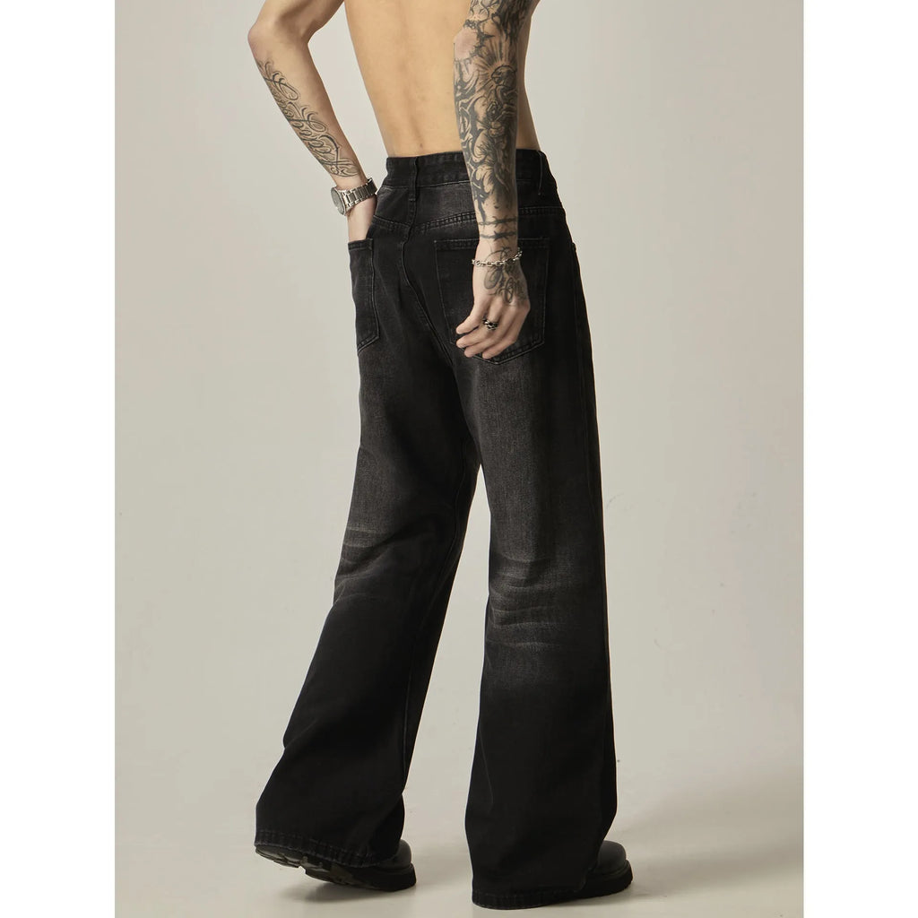 American retro black loose straight jeans with zipper fly on mannequin showing loose fit