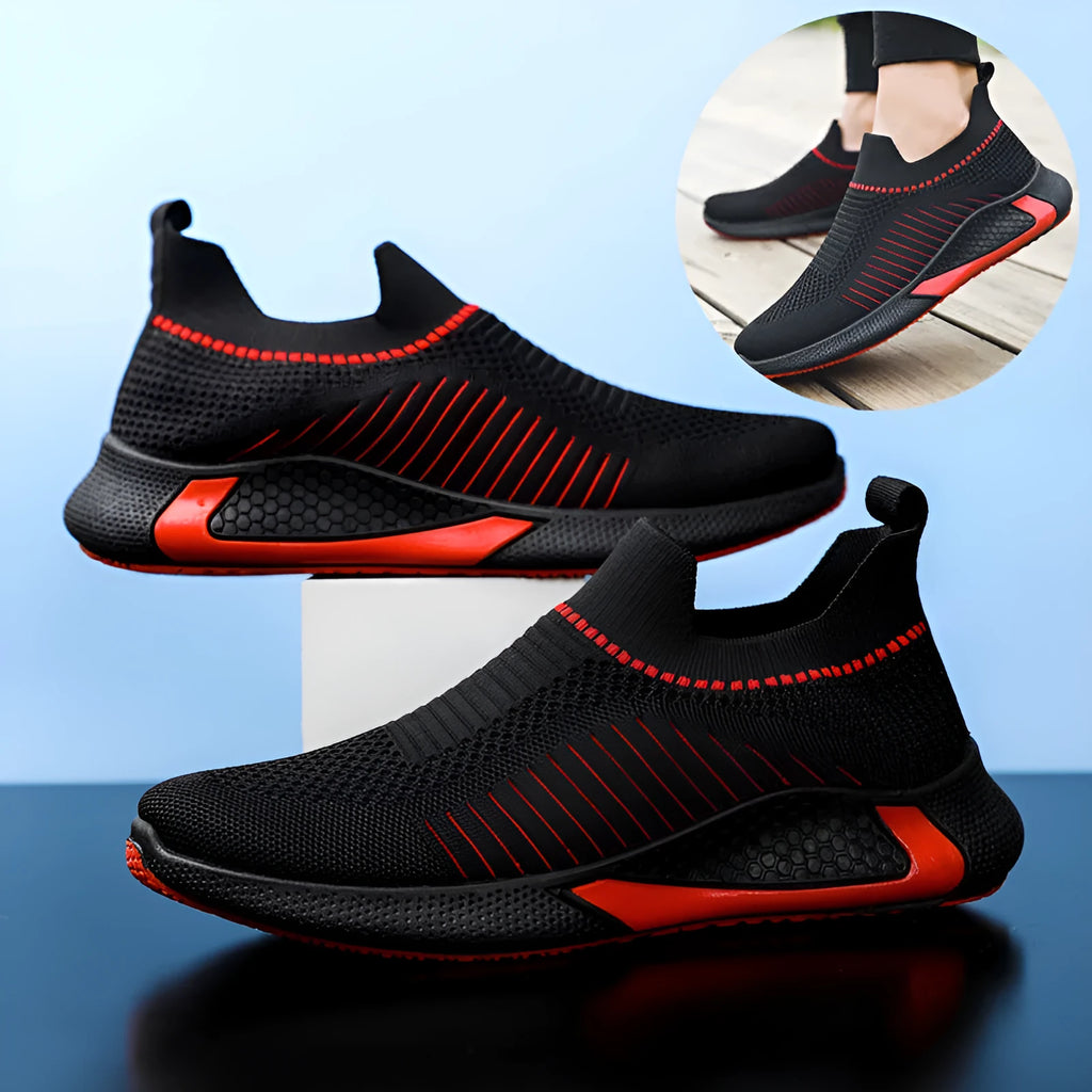 Men's mesh sock shoes with striped design showing flyknit upper and front lace-up styling