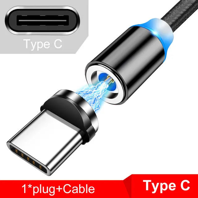 Magnetic USB charging cable with LED indicator showing black and red colour options