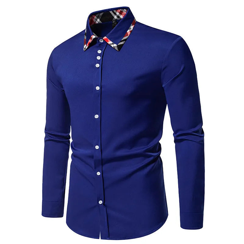 Men's blue plaid contrast casual shirt with triangle collar and long sleeves on a hanger.
