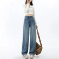 Women's retro blue high waist wide leg jeans with straight-leg trousers styling