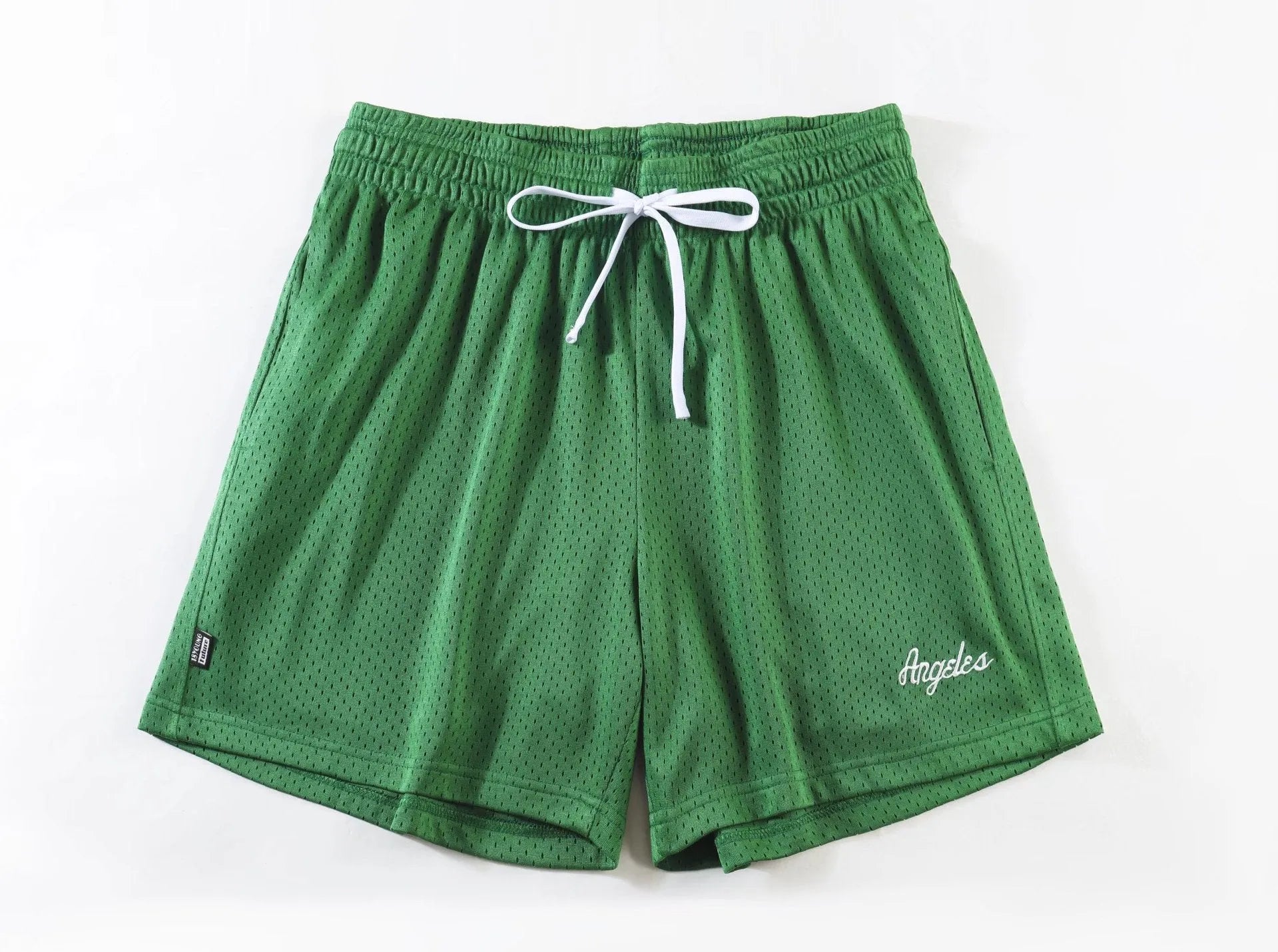 Men's black double-layer mesh shorts laid flat, showing sports and leisure style.