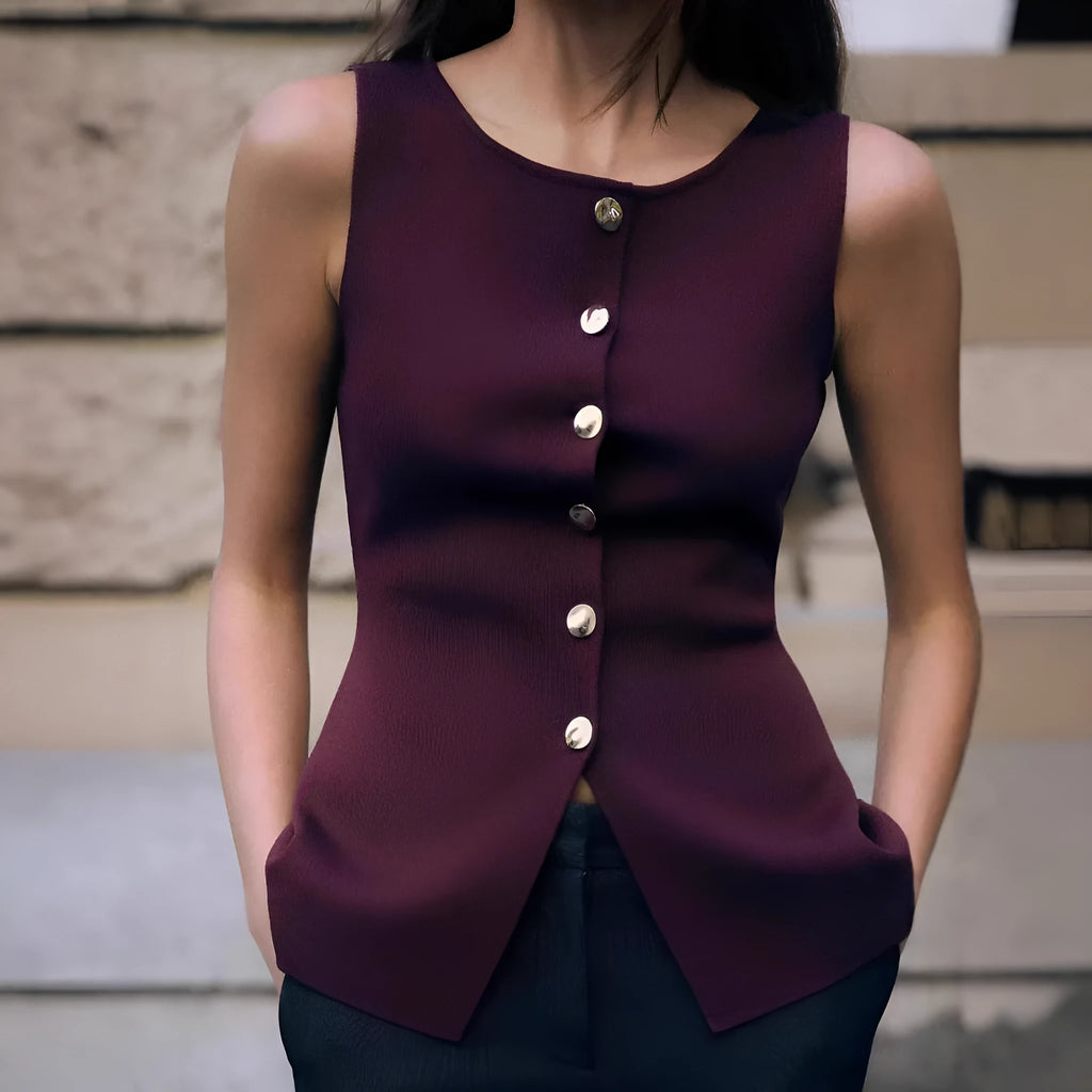 Women's dark red sleeveless sweater vest with gold buttons and 3D pattern, slim fit viscose cardigan