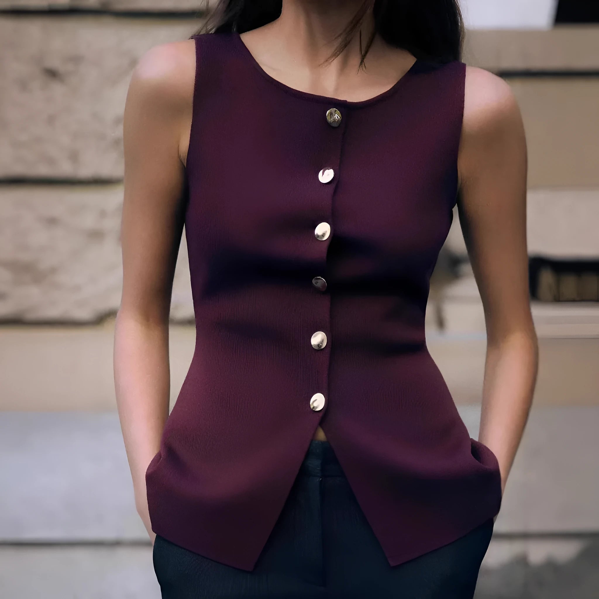 Women's dark red sleeveless sweater vest with gold buttons and 3D pattern, slim fit viscose cardigan