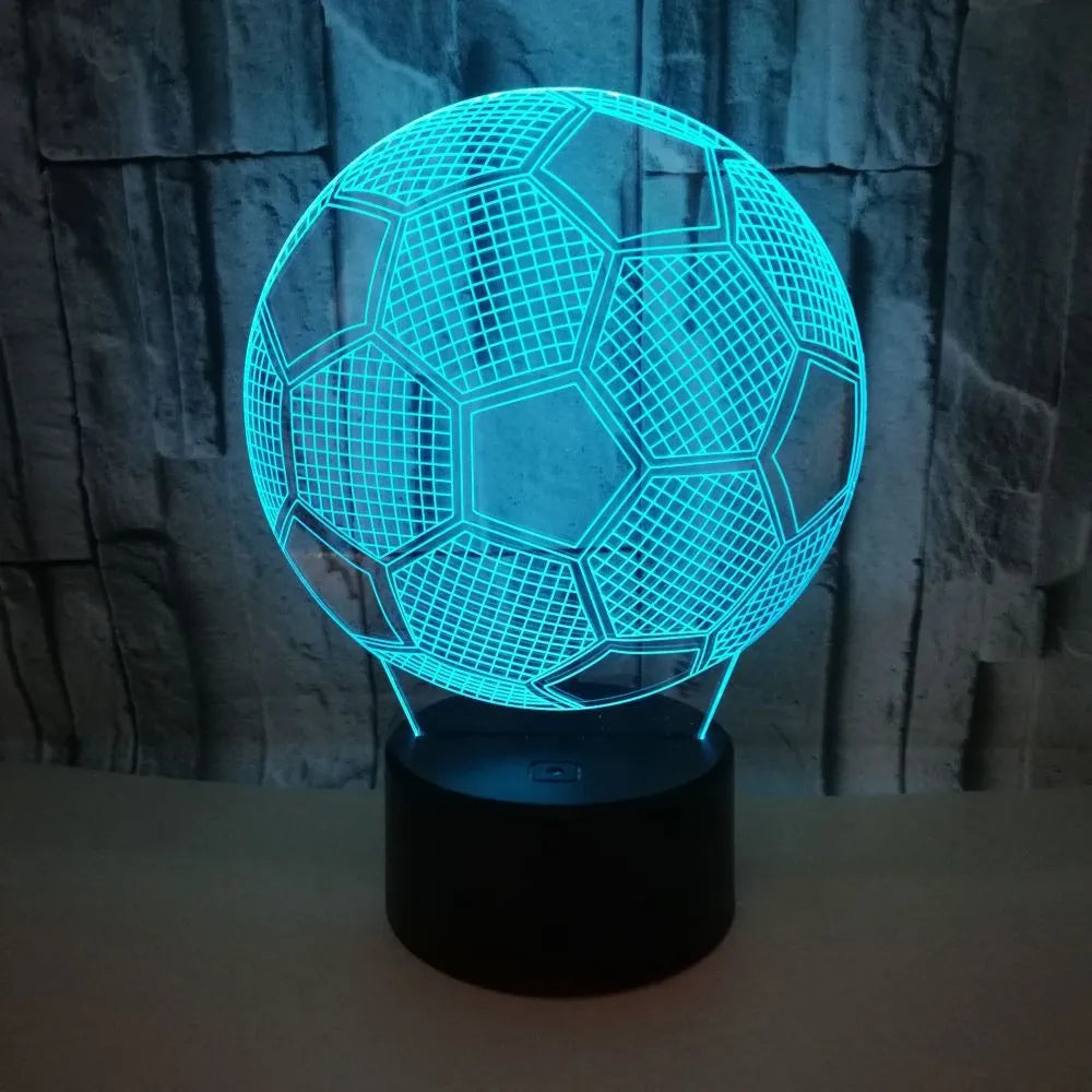 3D acrylic football night light showing colour-changing LEDs on a black ABS base.