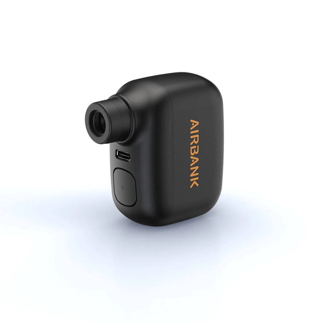 Black plastic electric bike pump with USB charging port and waterproof storage bag