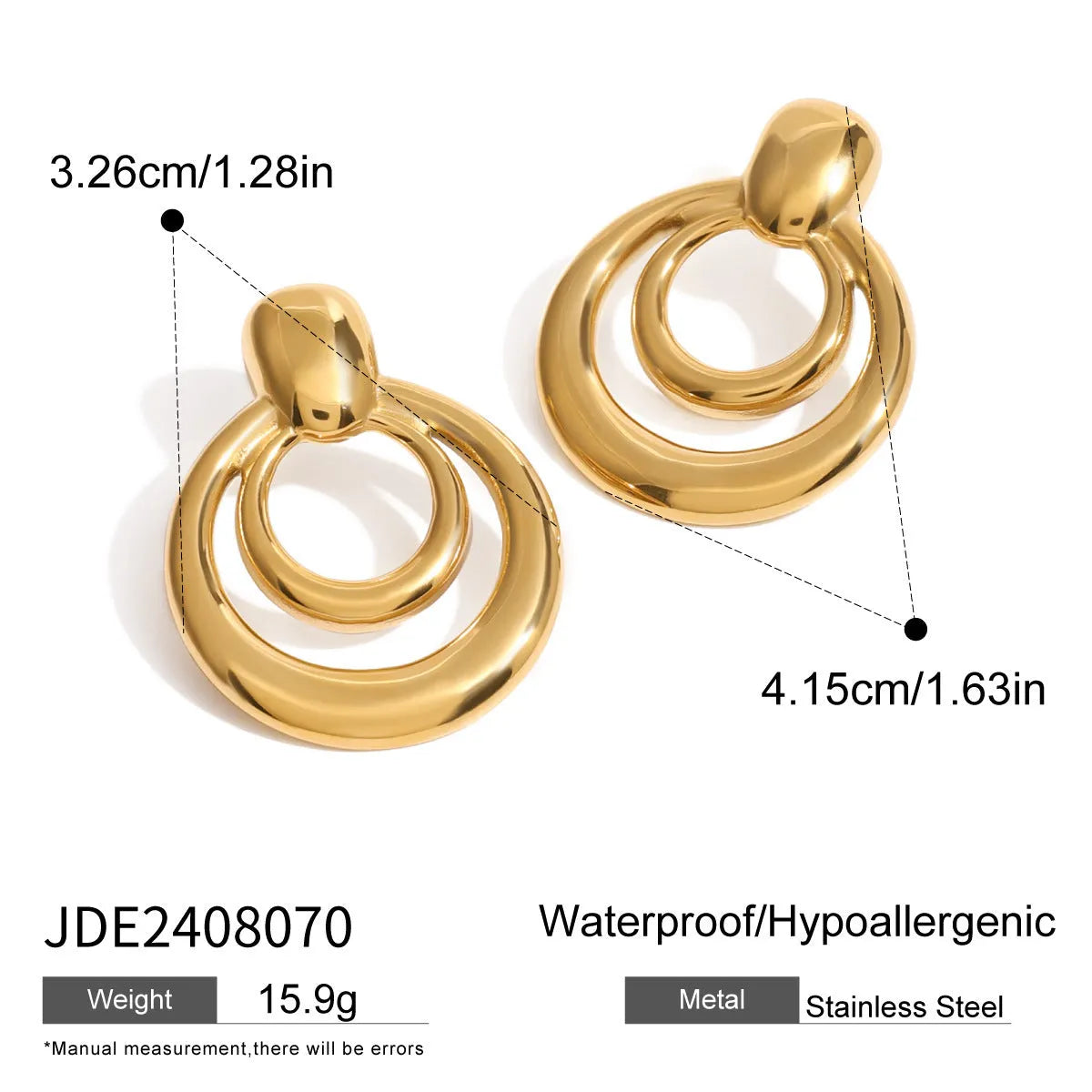 Gold geometric hollow stud earrings showing double layer round design with butterfly clutch backs