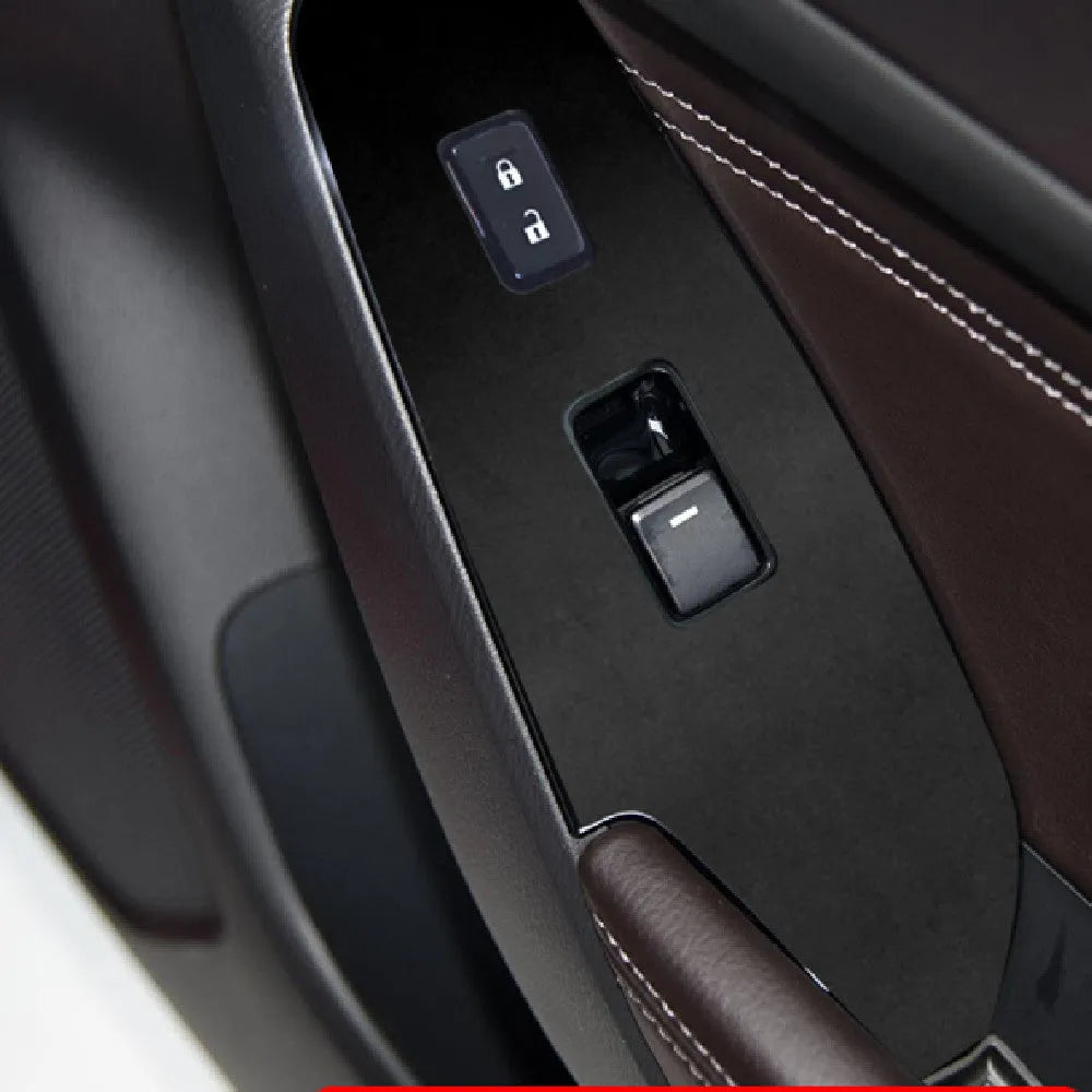 Four TPU protective films for car door control panels on a white background.