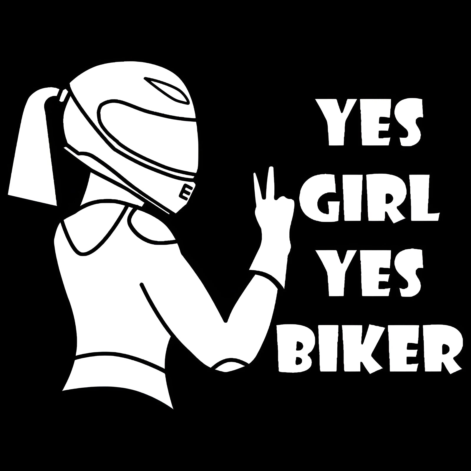 Cool Girl Rider character design car sticker in black, white, and laser colour options, 16cm by 15cm.