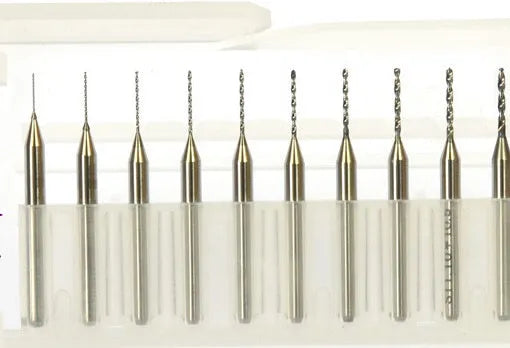 Imported tungsten steel micro engraving bit set with diameters from 0.10mm to 2.00mm for precision machining.