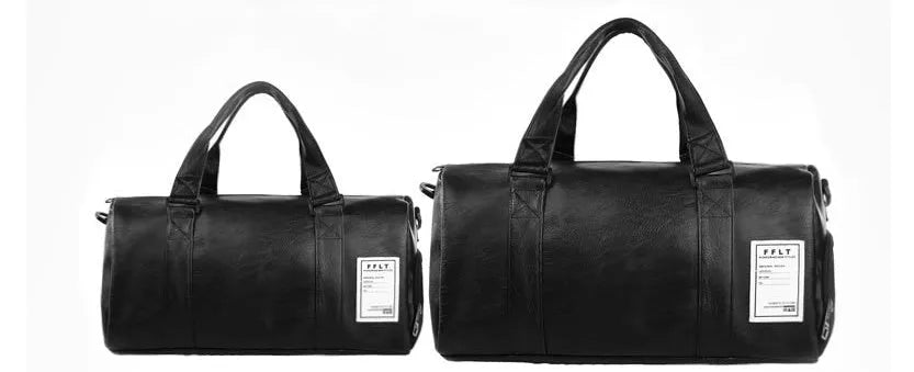 Black waterproof sports fitness bag with diagonal straps and separate internal shoe compartments.