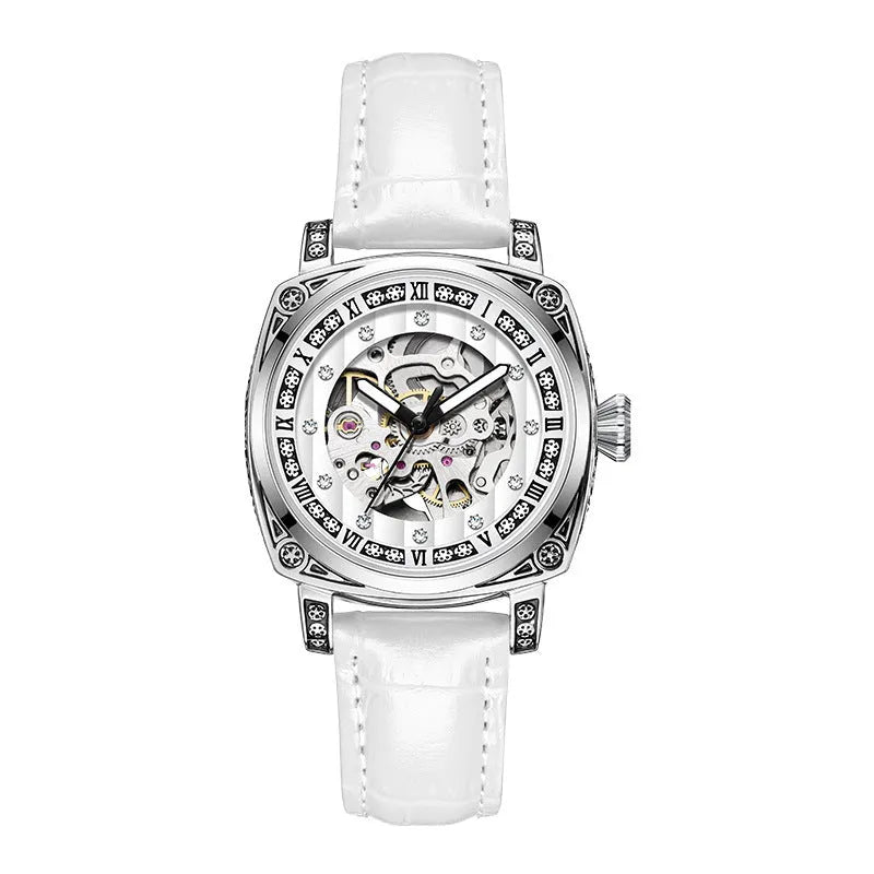 Men's black dial mechanical watch with luminous hands on a leather strap, showing 10m waterproof rating.