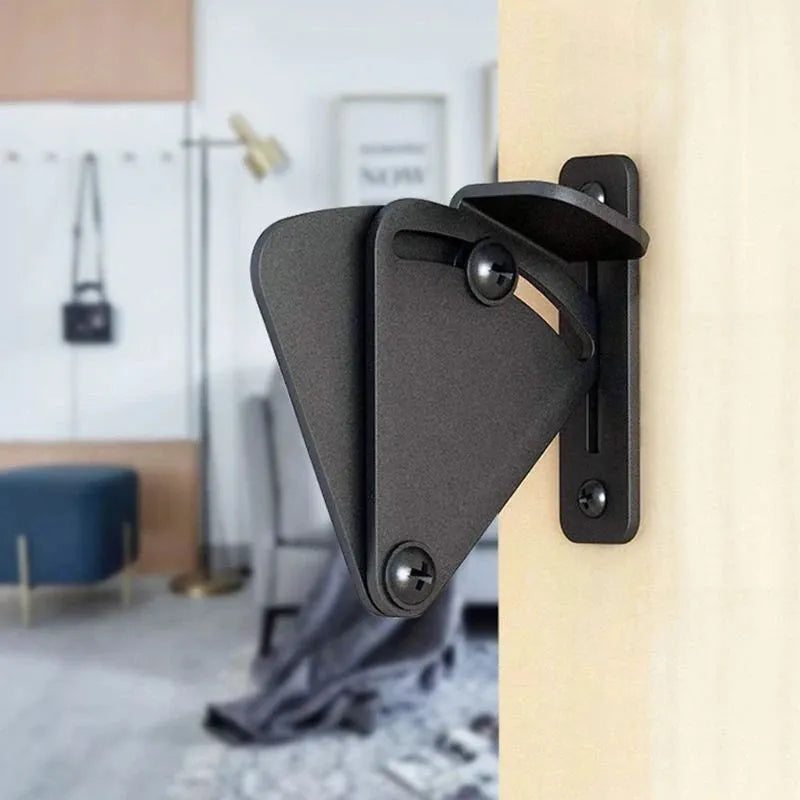 Black stainless steel sliding barn door lock shown in S and M sizes for different door gaps.