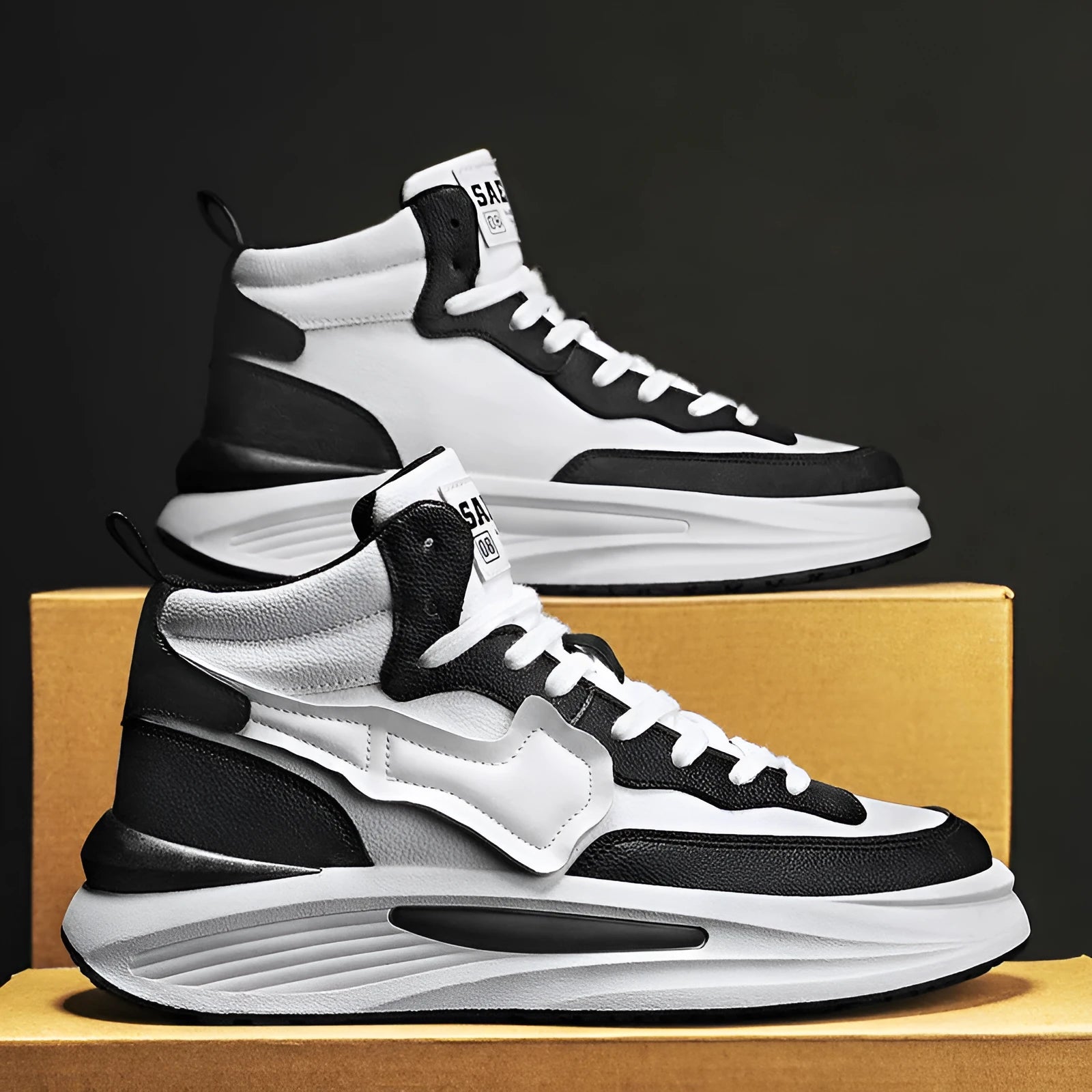 Men's black high-top platform shoes with round toe and PU upper material