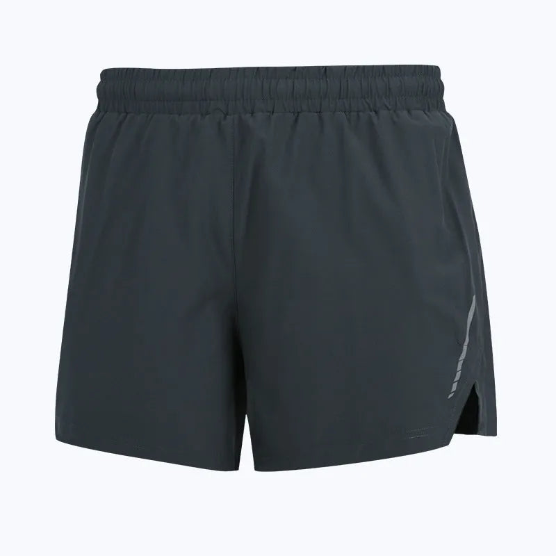 Men's quick-drying polyester marathon running shorts in black, grey, and fluorescent green with straight fit design