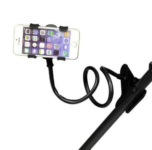 Black portable mobile phone holder with a long flexible arm and a V-clip, extended on a surface.