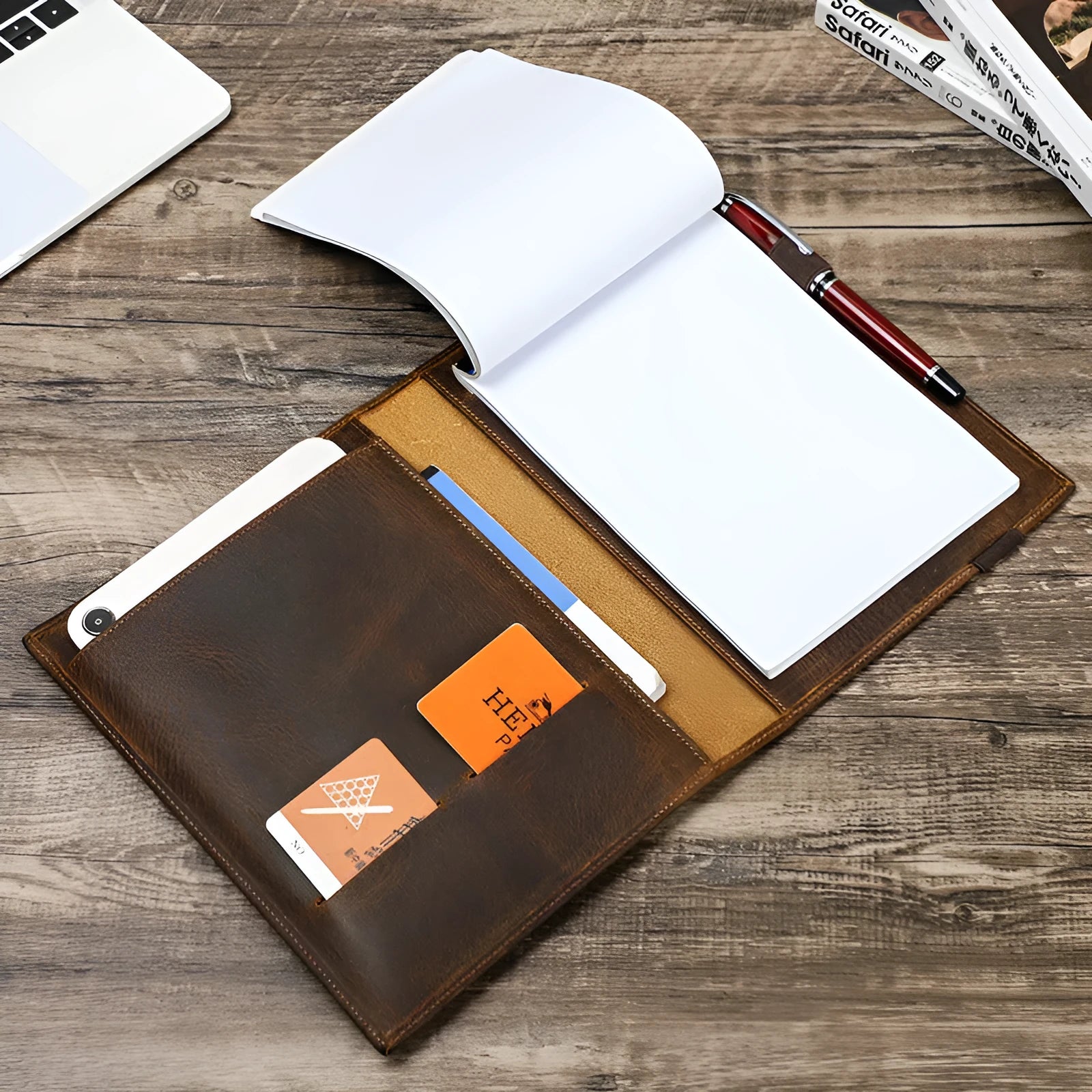 Brown Crazy Horse leather A5 notebook protective sleeve with a square shape.
