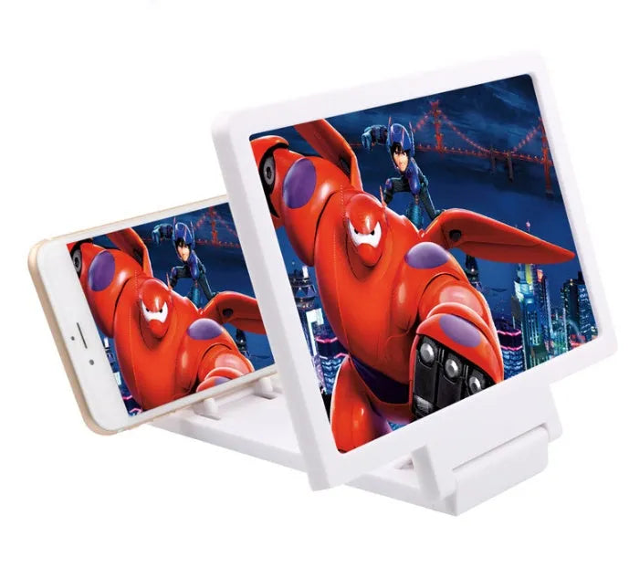 Black and white foldable 3D mobile phone screen amplifier stand on a table