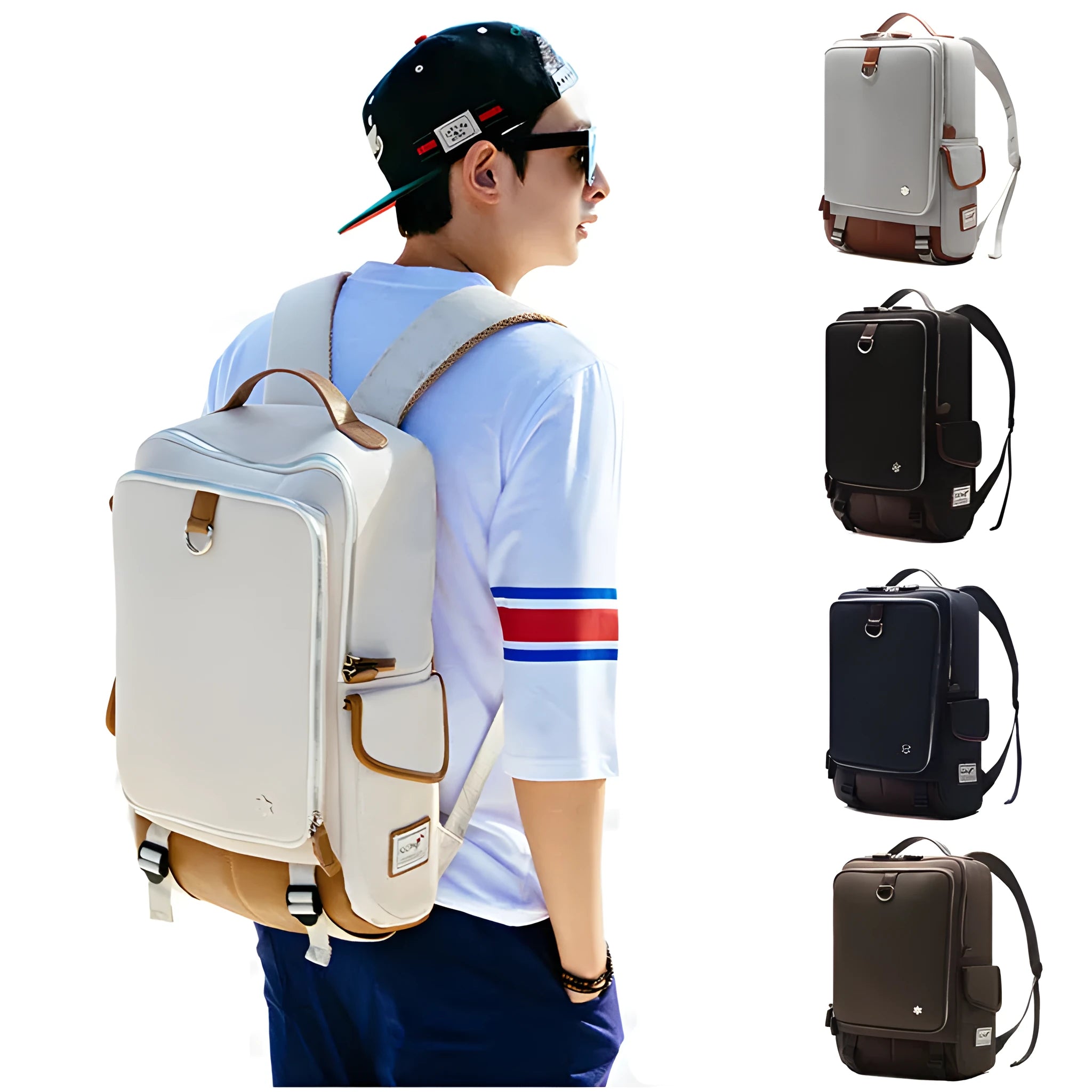 Modern large capacity Oxford cloth backpack in seven colour options showing 30cm width