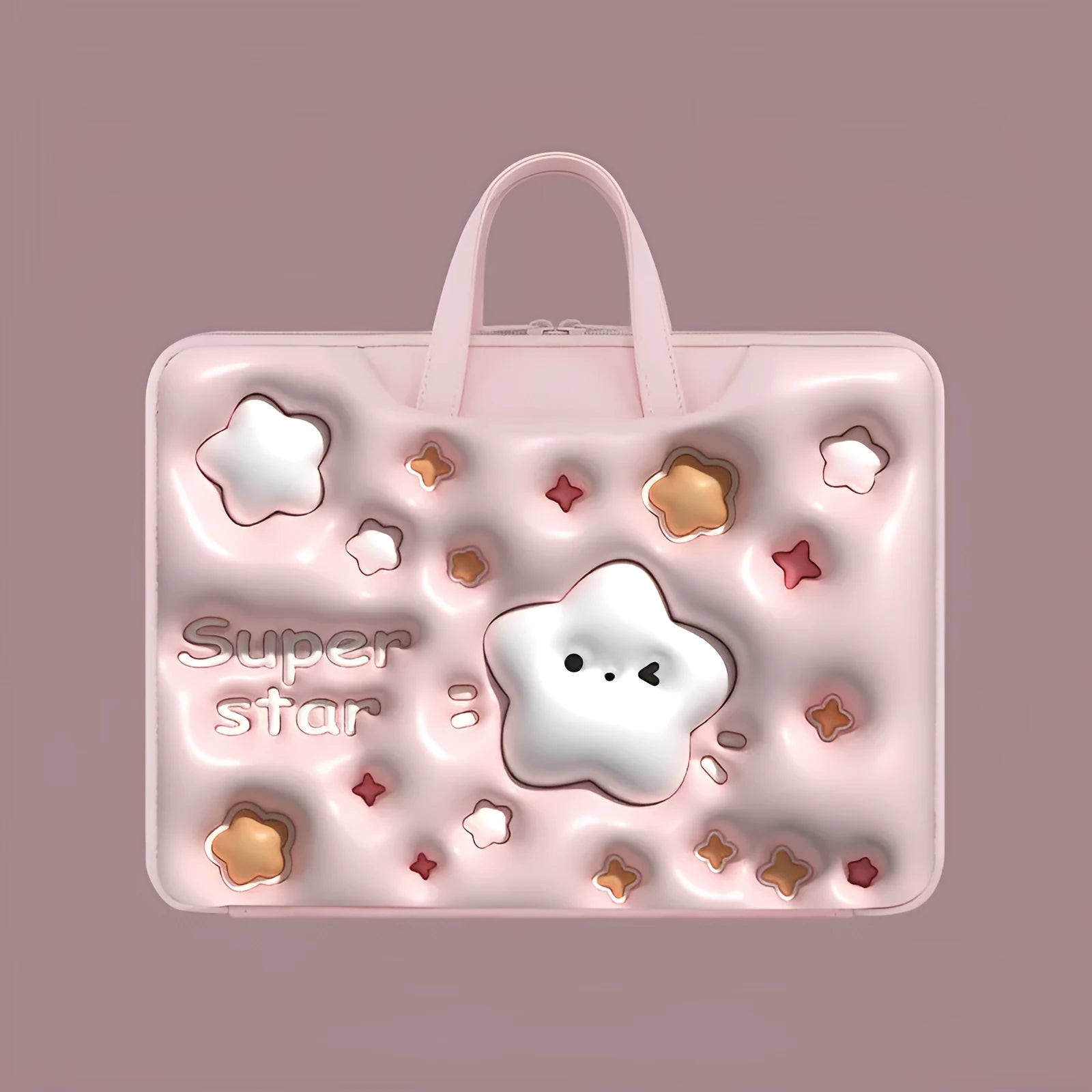 Inflatable PU leather laptop bag in cat beige colour with luggage strap, suitable for 13 to 15.6 inch laptops.