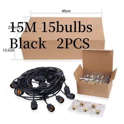 Black decorative light string with 15 bulbs across 15 metres for indoor and outdoor lighting applications