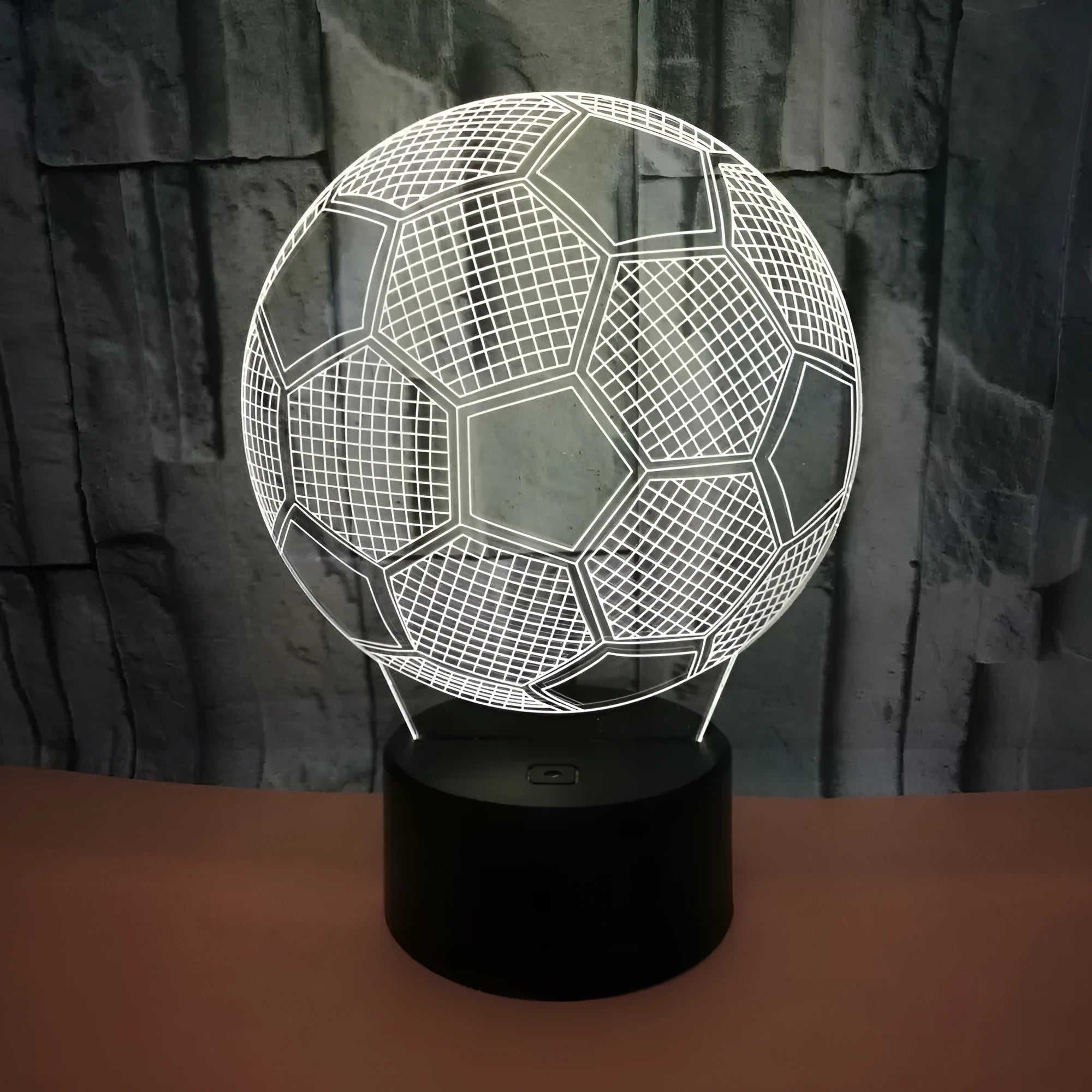 3D acrylic football night light showing colour-changing LEDs on a black ABS base.