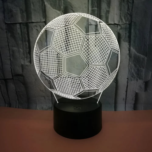 3D acrylic football night light showing colour-changing LEDs on a black ABS base.