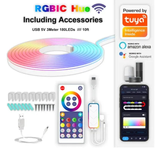 3 metre RGB LED neon light strip with remote control showing colour-changing illumination