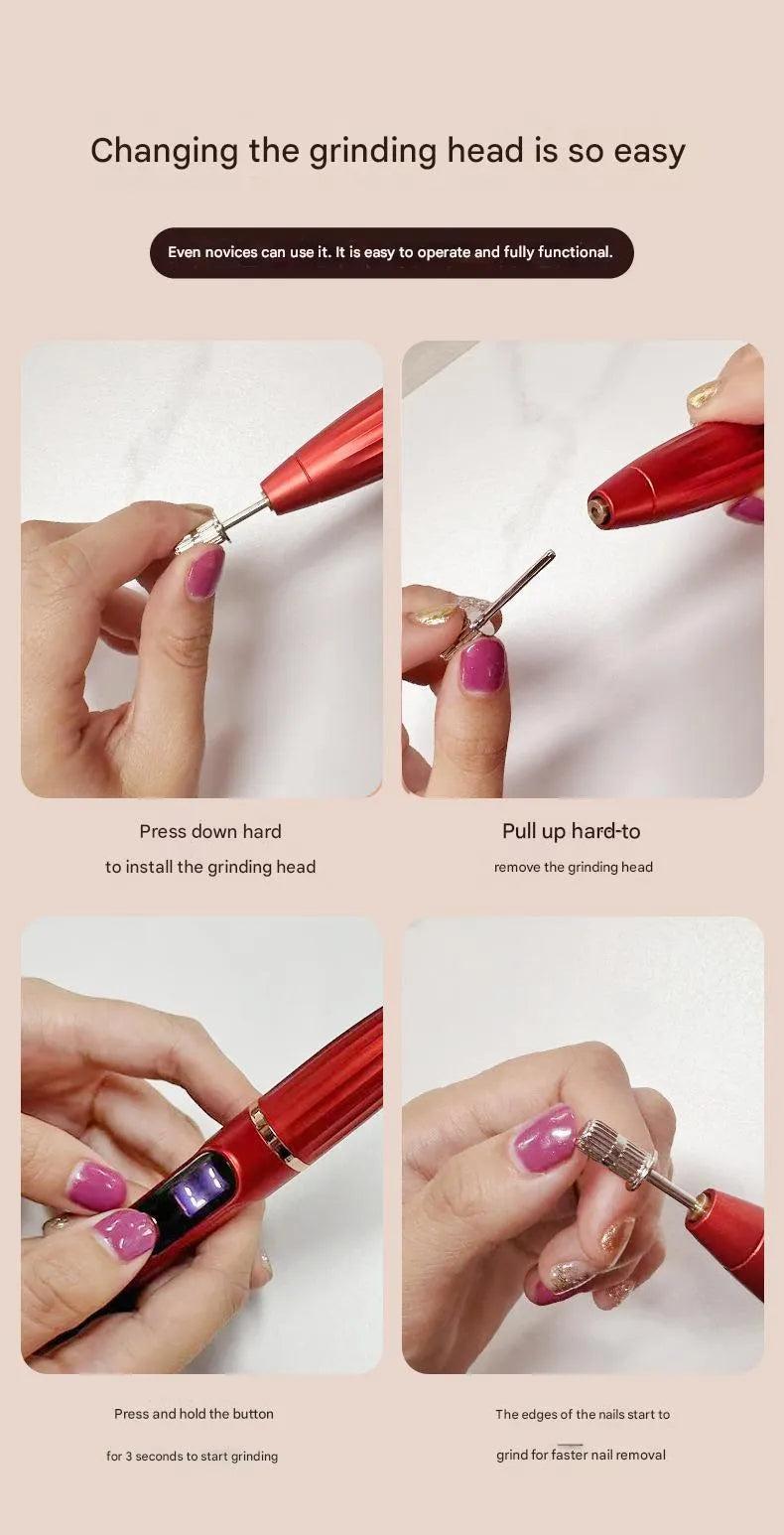 Compact electric nail file with LCD display, USB charging cable, and three spare sanding bands