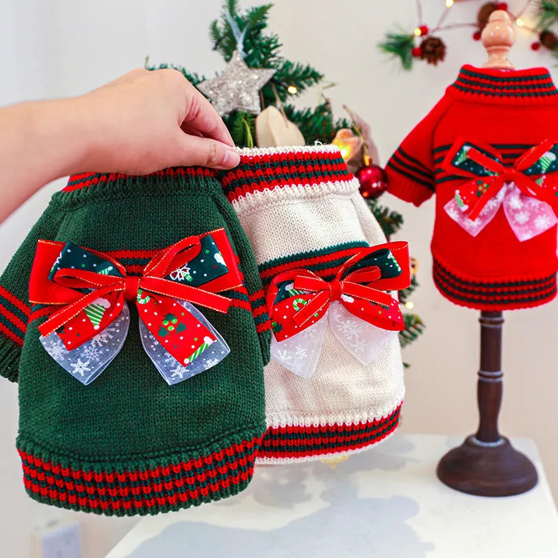 Red and green dog christmas sweaters, polyester festive pet jumper for small to medium dogs.