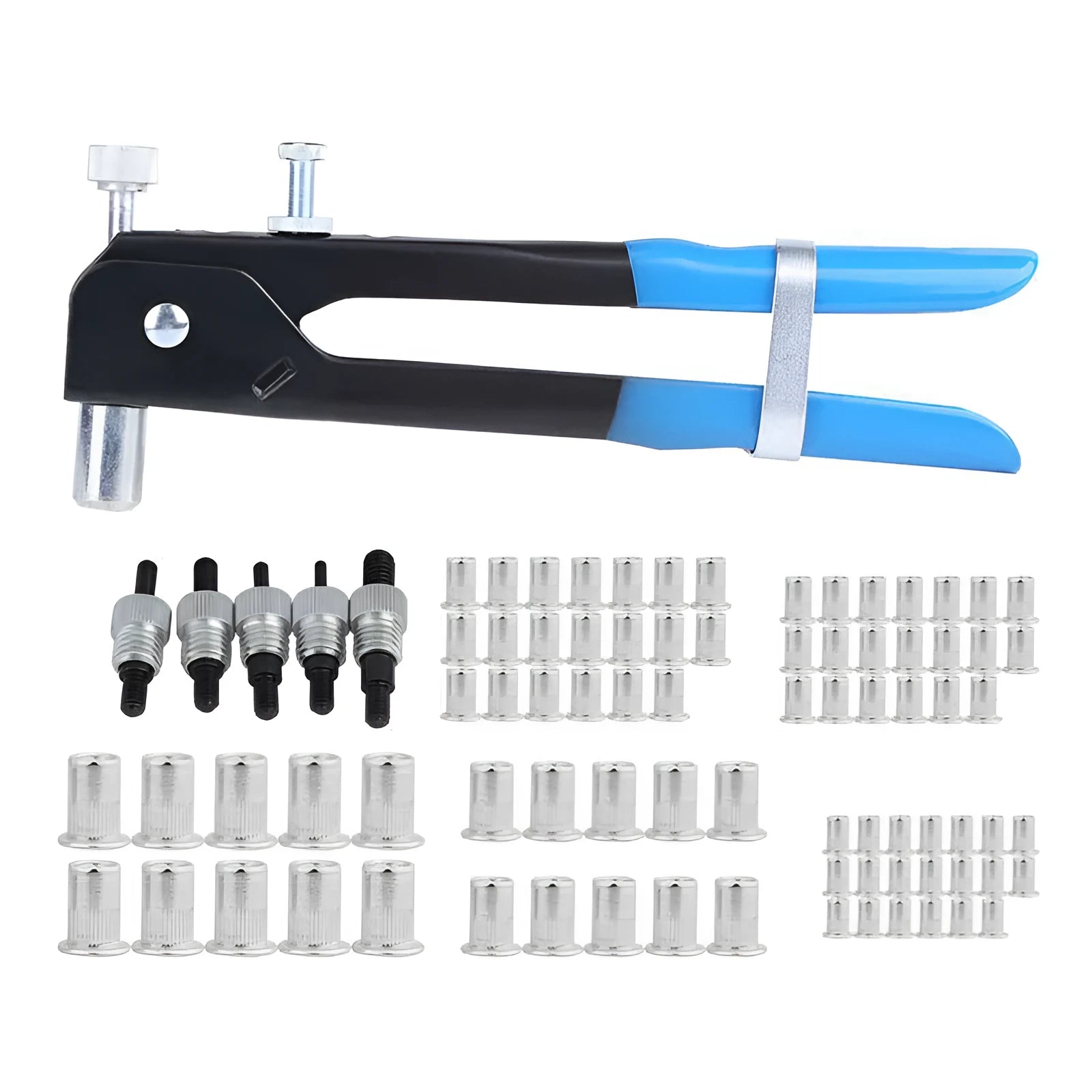 Manual hand riveter gun with an assortment of alloy steel rivet nuts and mandrels on a workbench.