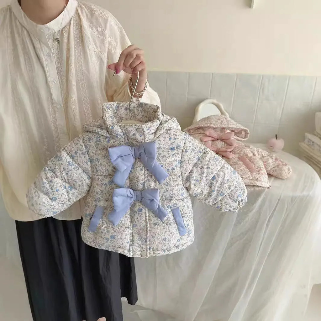 Baby girls winter floral print hooded jacket in blue and white porcelain blue with bow detail, zip-up front
