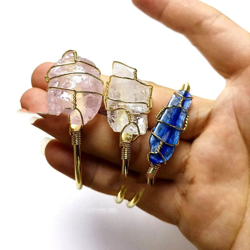 Natural crystal rough stone bracelet with gold winding geometric design and mixed colour bohemian styling