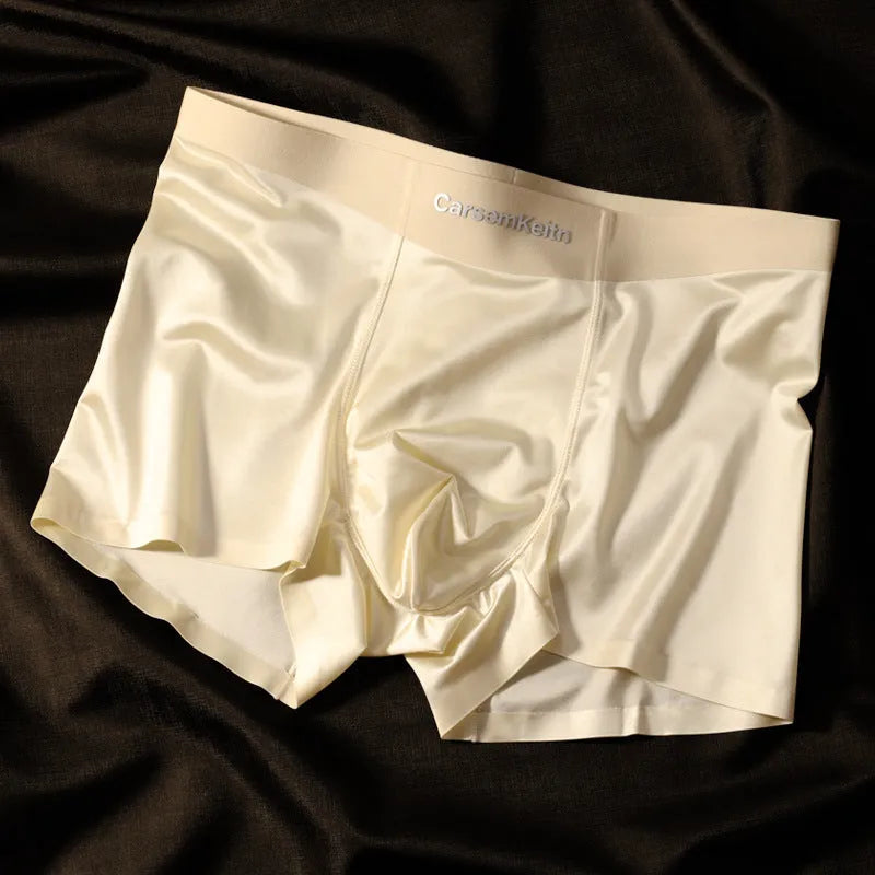 Men's colourblock ice silk seamless underwear in blue, brown, grey, and white colour options.