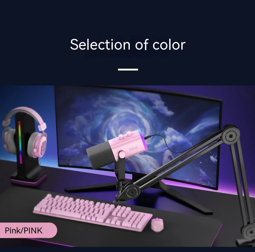 Black condenser microphone with pop filter on a desktop stand, with XLR and data cables.